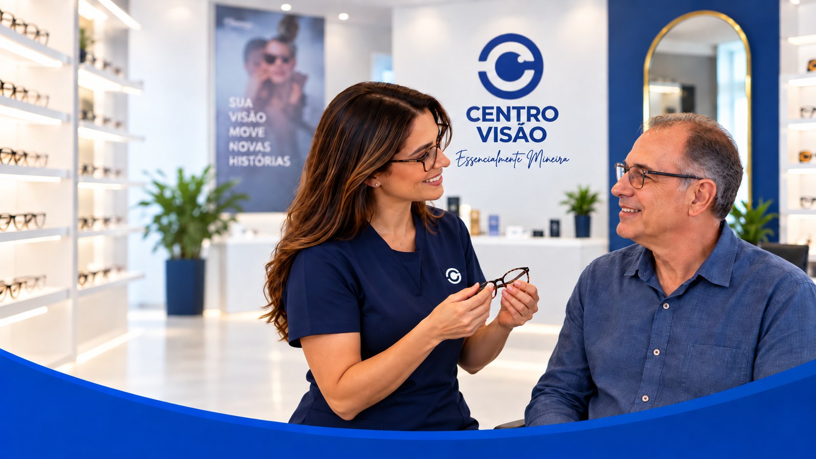 Consultora da Centro Visão apresentando uma armação de óculos a um cliente sorridente dentro de uma loja da rede.